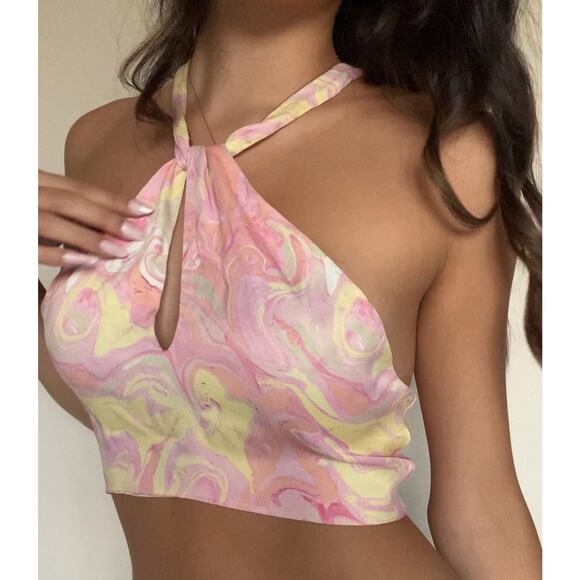Zara Tops - Zara Satin Marbled Keyhole Crop Top XS Pink Yellow Watercolor Tie Back Halter